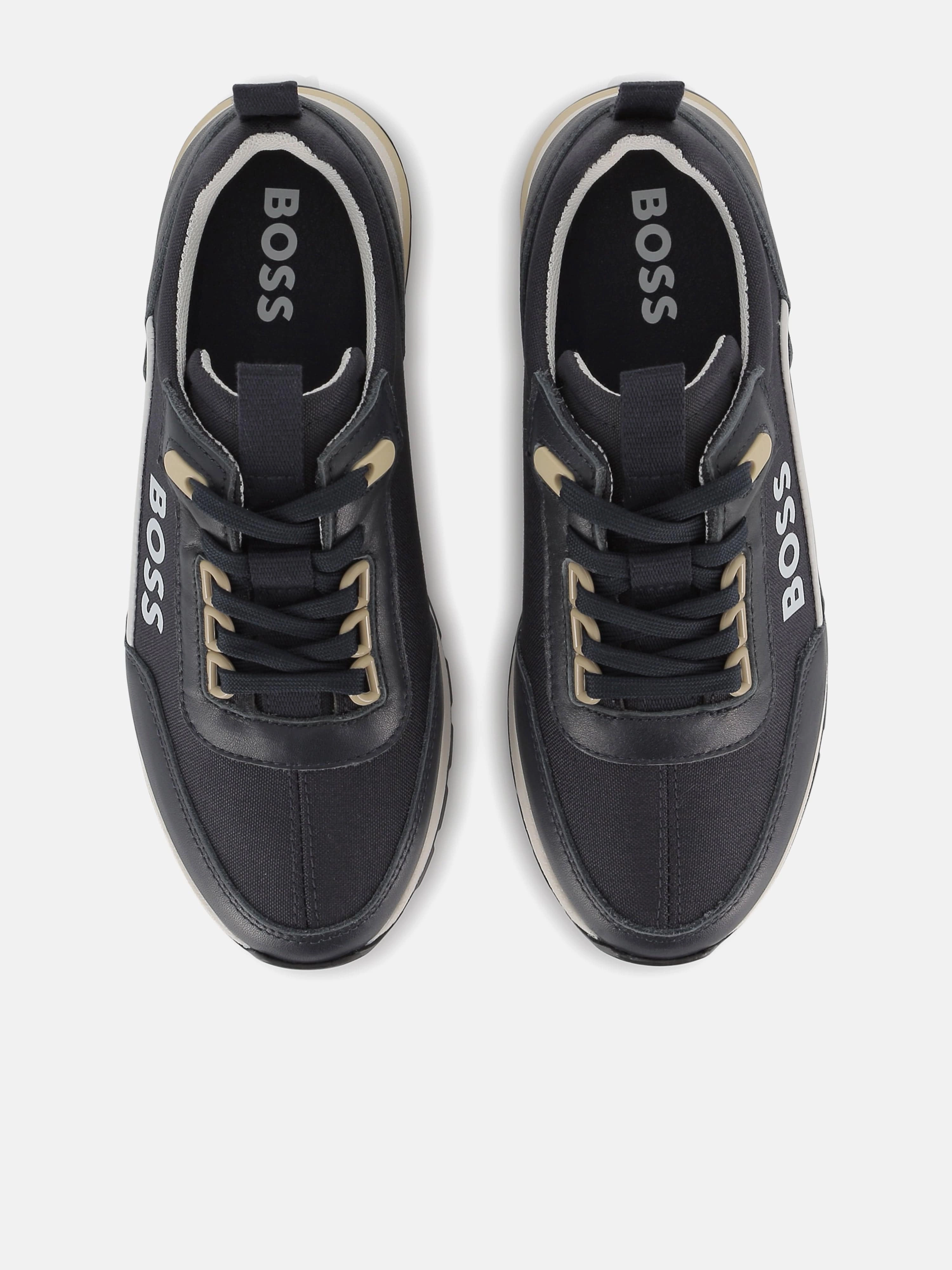 BOSS Boys Lace Up Logo Trainers in Navy Ideal For Travel, Designer Leather Handbag For Women