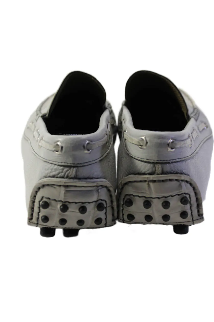 Tardini Mens Italian Leather Alligator Skin Slip On Driver Moccasins Gray