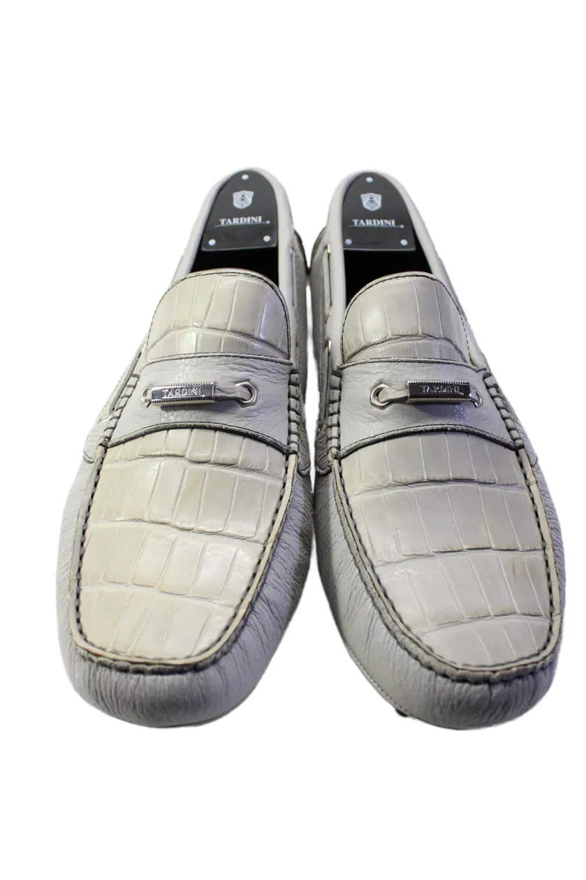 Tardini Mens Italian Leather Alligator Skin Slip On Driver Moccasins Gray