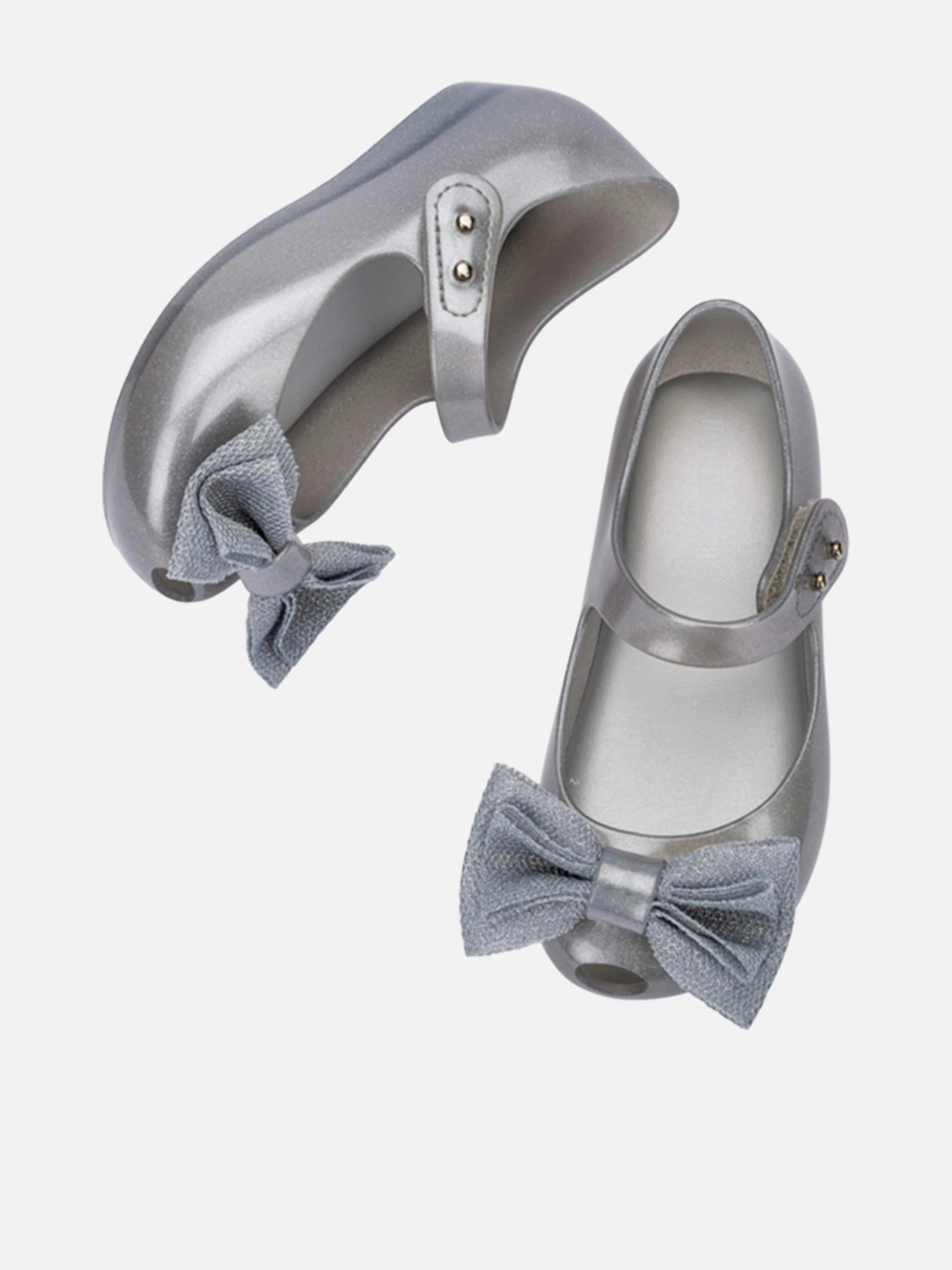 Mini Melissa Girls Ultragirl Sweet XII Shoes in Silver Satchel Bag With Detachable Strap, Drawstring Closure