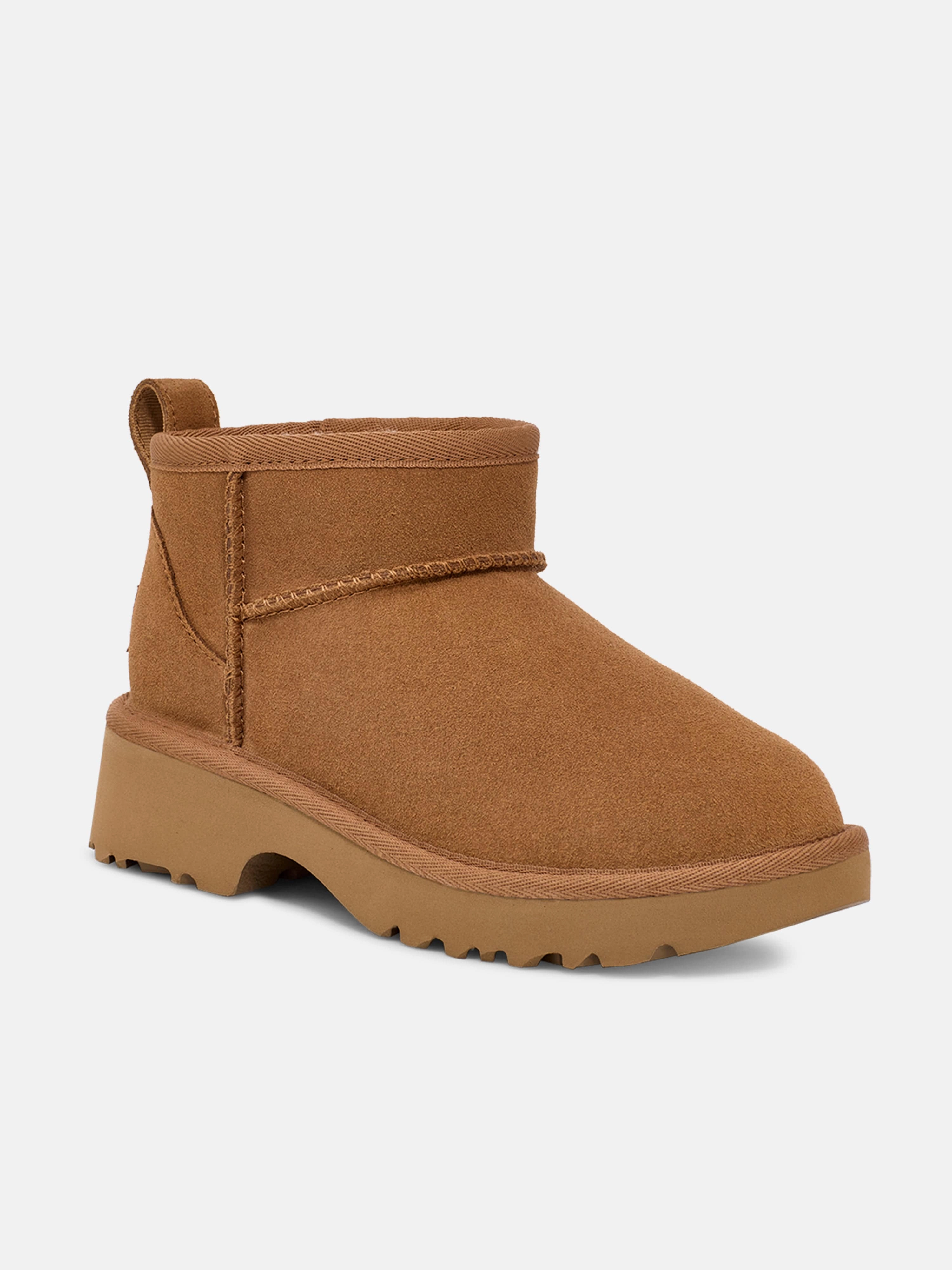 Quick Access Features, Ready To Ship UGG Girls Classic Ultra Mini New Heights Boots in Brown