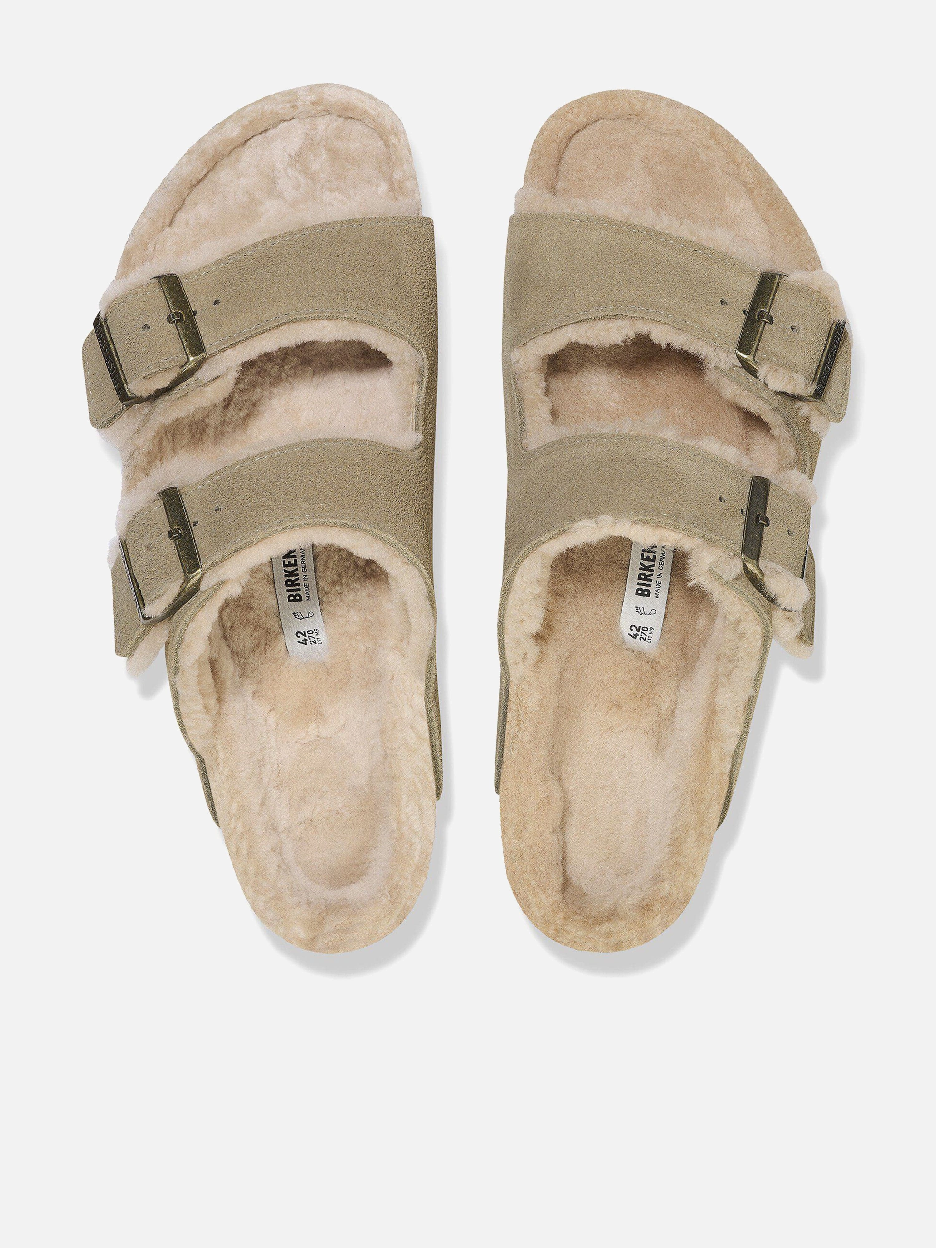 BIRKENSTOCK Arizona Shearling Suede Sandals in Beige Metallic, Designer Leather Handbag For Women