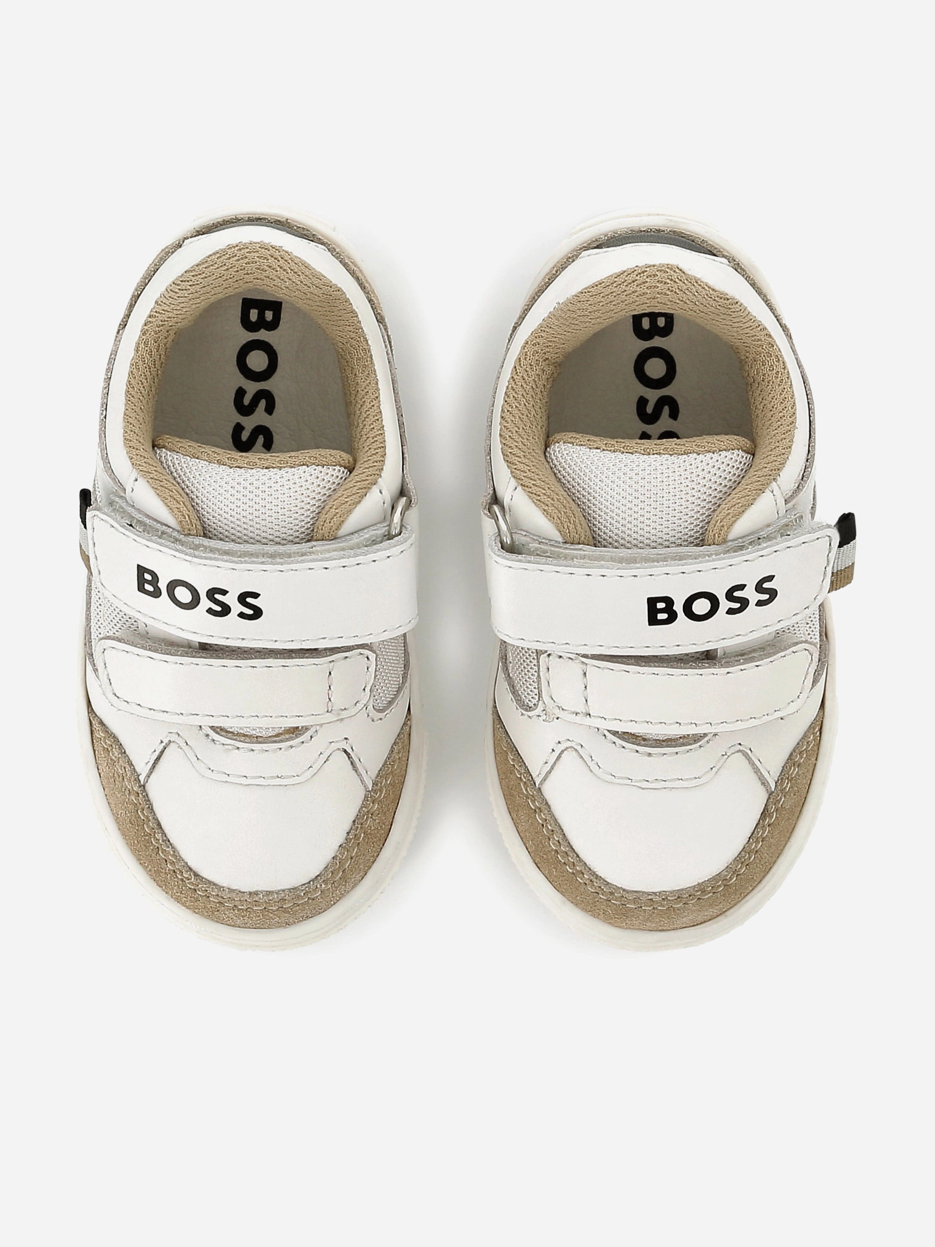 Discover New Arrivals, Secure Pocket BOSS Boys Leather and Mesh Logo Trainers in White